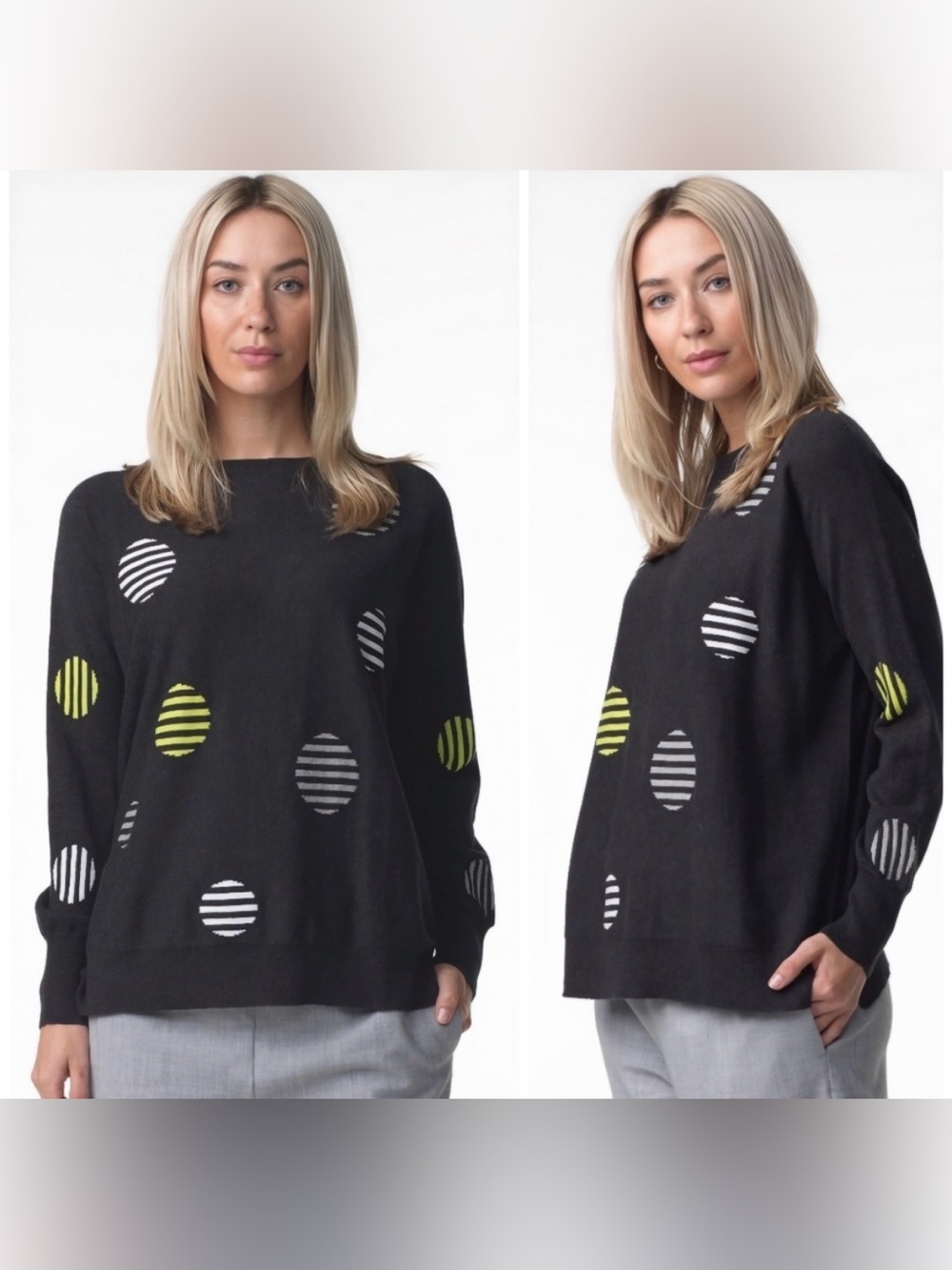 Zaket & Plover Cotton Cashmere Gray Lime Striped Polka Dot Knit Artsy Sweater XL